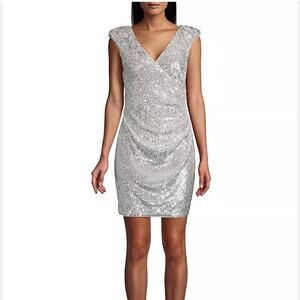 Aidan Mattox Faux Wrap Silver Sequin Ruched Cocktail Dress 12 Holiday Party NYE